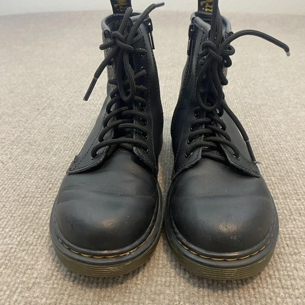 Dr. Martens Boots Kids Size 2 Black Leather Ankle Combat Lace Up Zip 15382